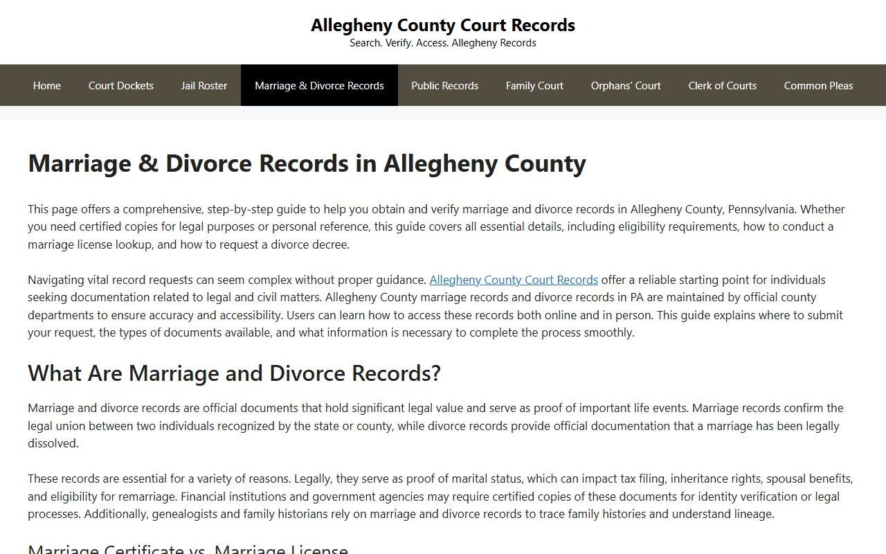 Allegheny County marriage and divorce records information page