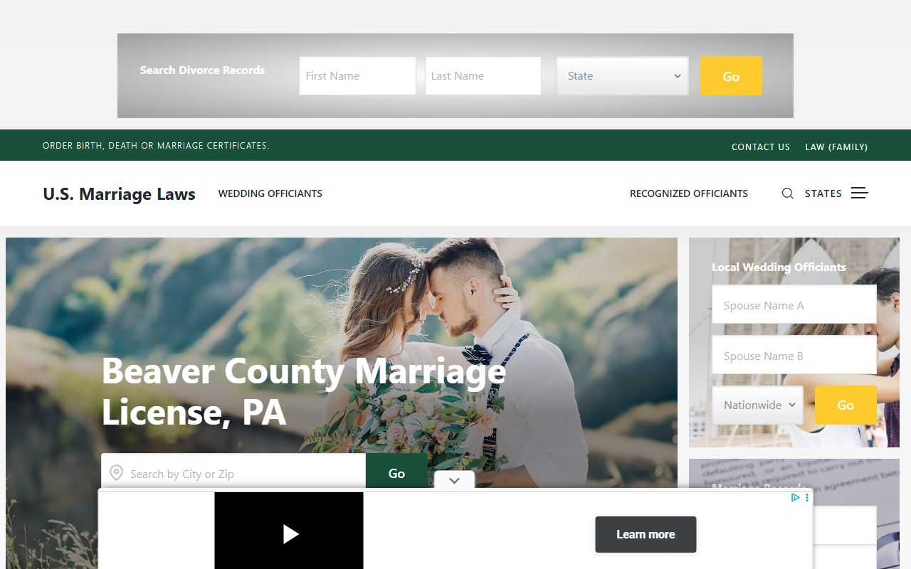 Beaver County marriage license requirements and information