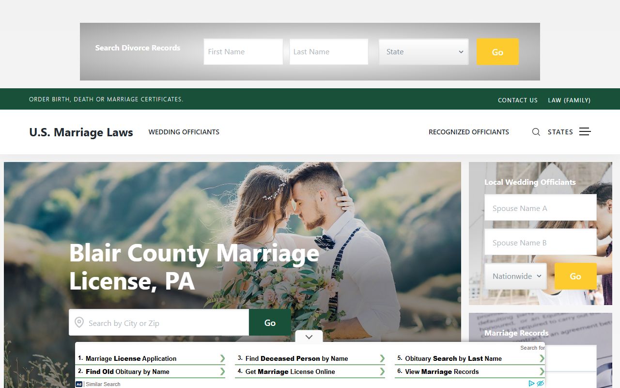 Blair County marriage license requirements and information