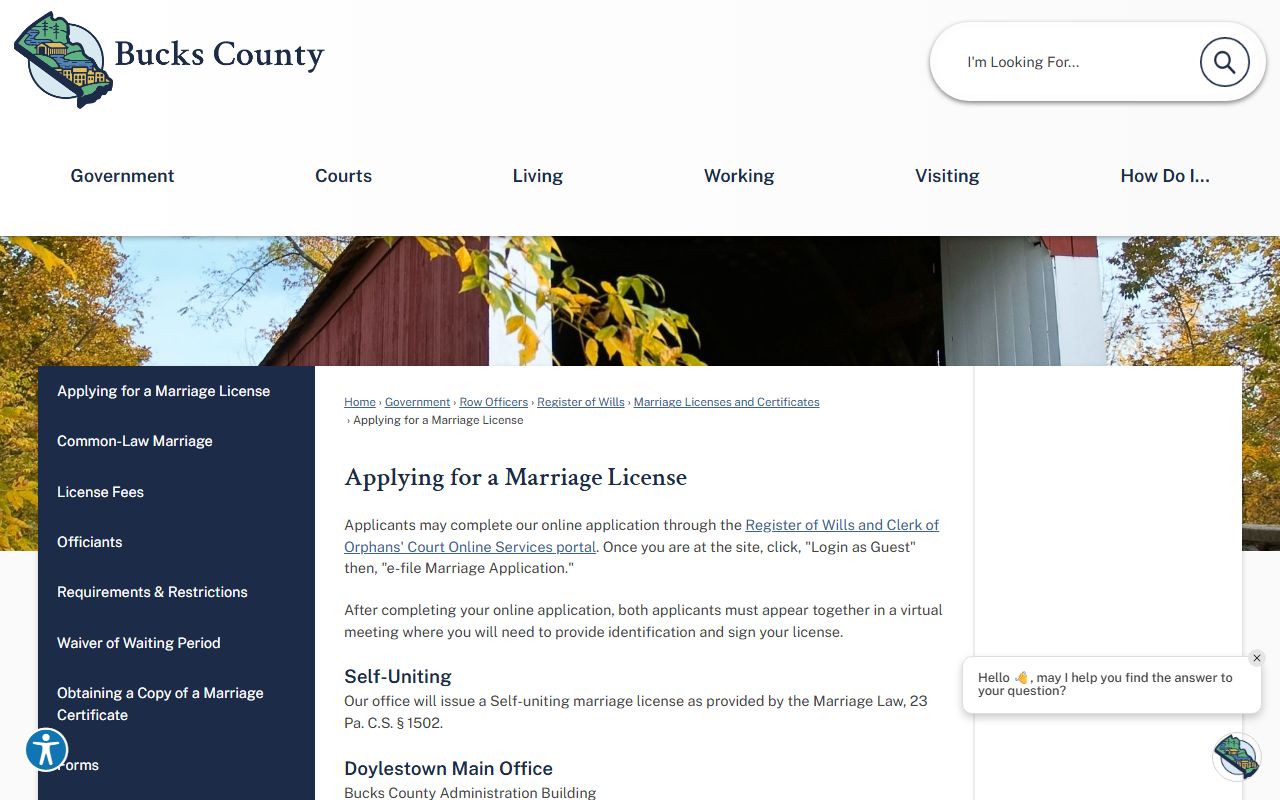 Bensalem marriage records license application page