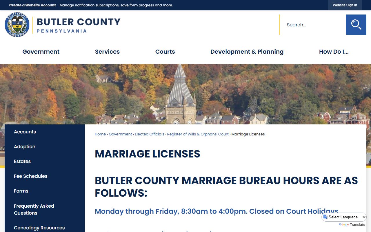 Butler County marriage license information page for marriage records