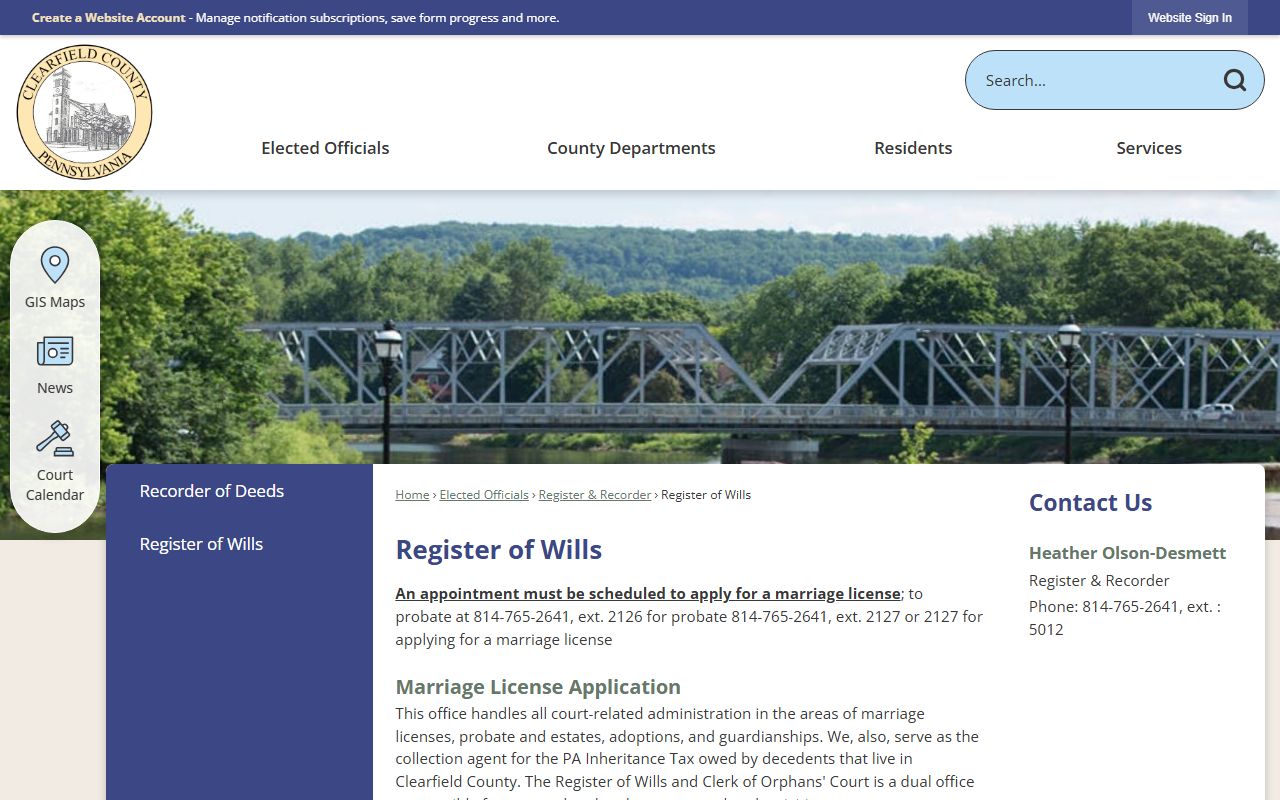 Clearfield County marriage records Register of Wills page