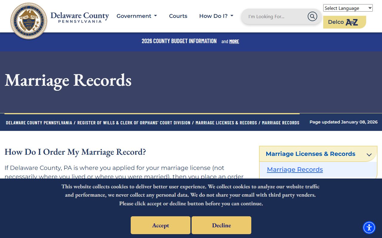 Delaware County marriage records search and ordering page