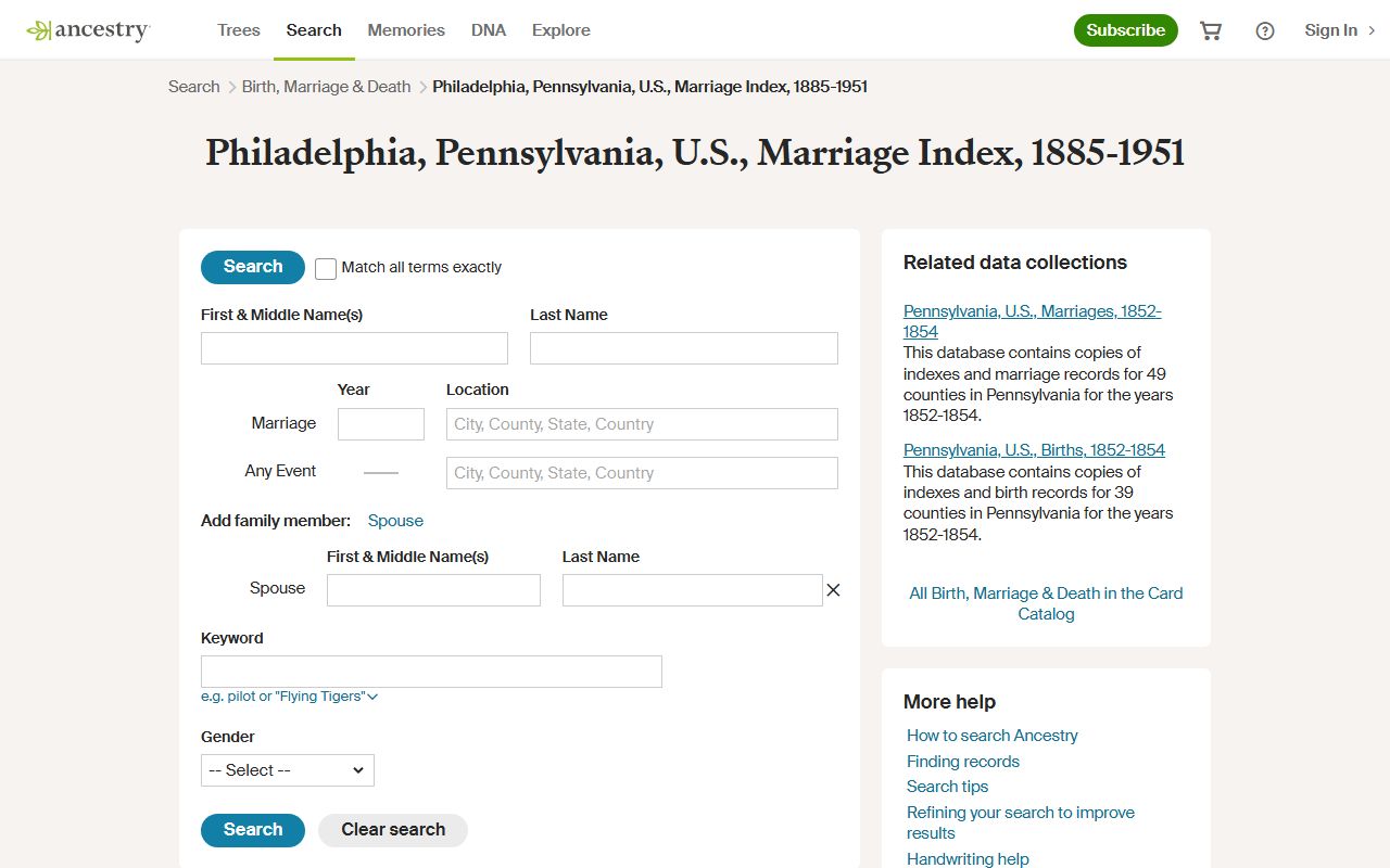 Ancestry.com database of Pennsylvania marriages from 1852 to 1854