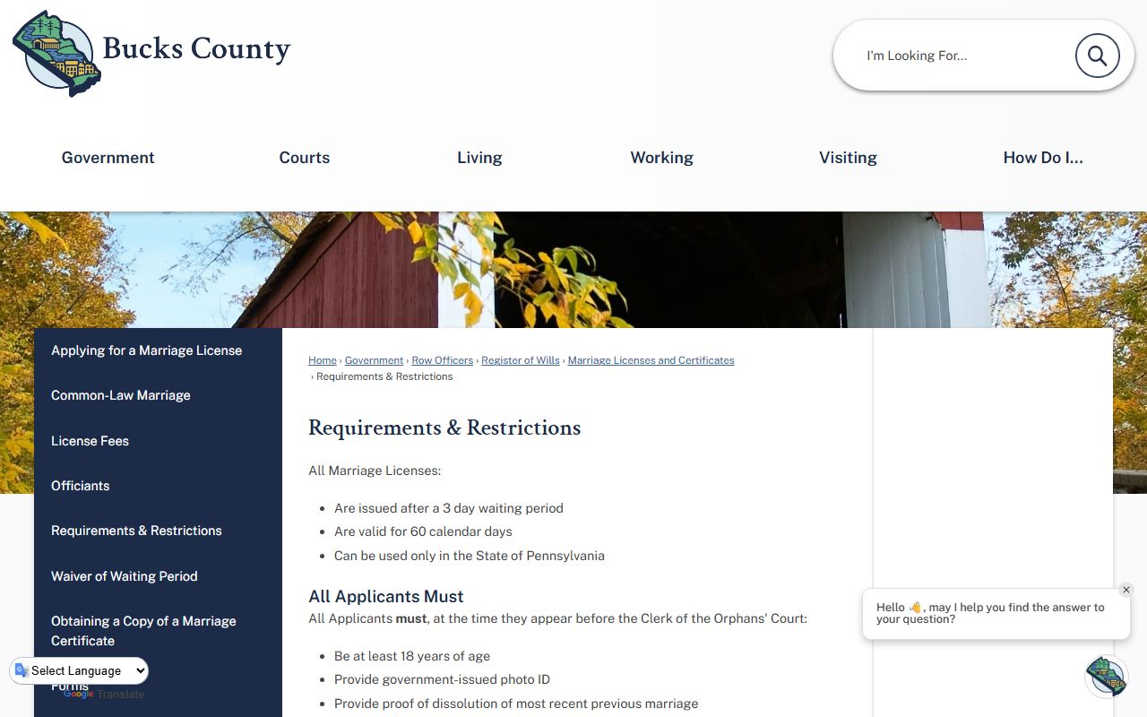 Bucks County Pennsylvania marriage license requirements page