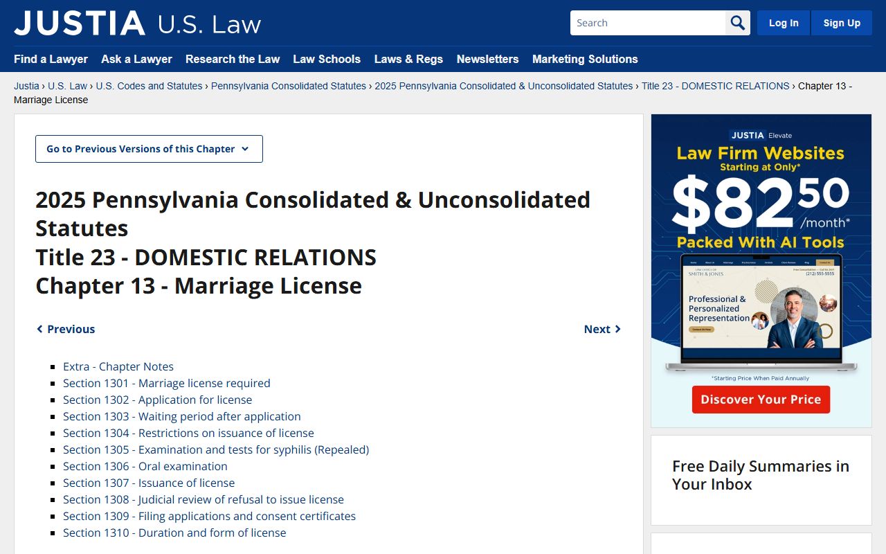 Pennsylvania marriage license statutes Title 23 Chapter 13 on Justia Law