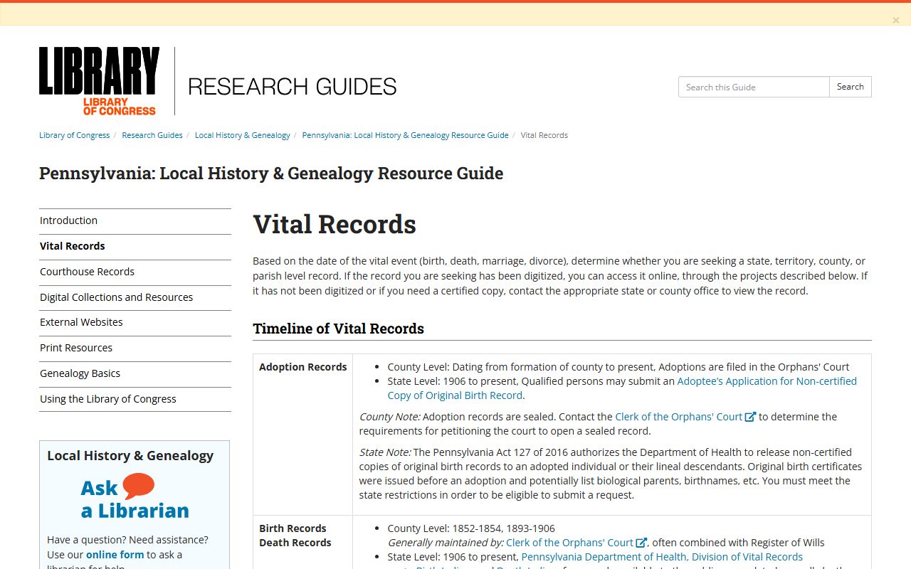 Library of Congress guide to Pennsylvania marriage records and vital records