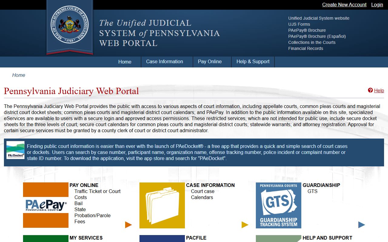 Pennsylvania Unified Judicial System portal for searching court and marriage records