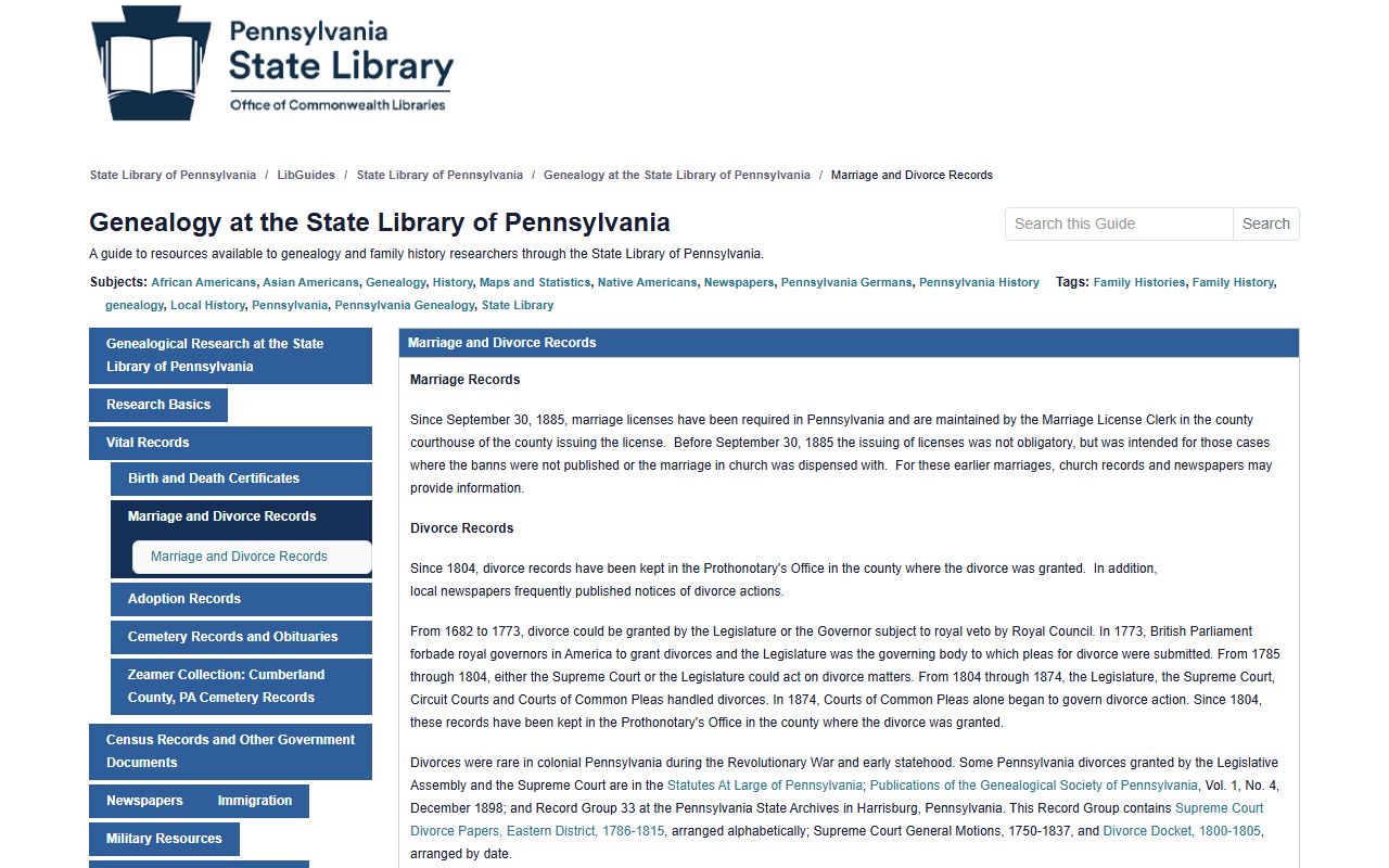 State Library of Pennsylvania LibGuide for marriage and divorce records